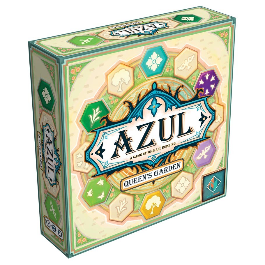 Azul: Queen’s Garden - Square board game box with ornate blue and gold logo reading "Azul Queen's Garden" surrounded by green, purple, and beige.