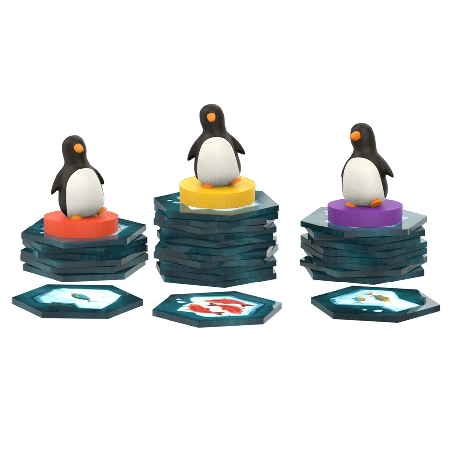Hey! That’s My FISH - Three black and white penguin game pieces standing on hexagonal ice floe tiles in orange, yellow, and purple bases for a.