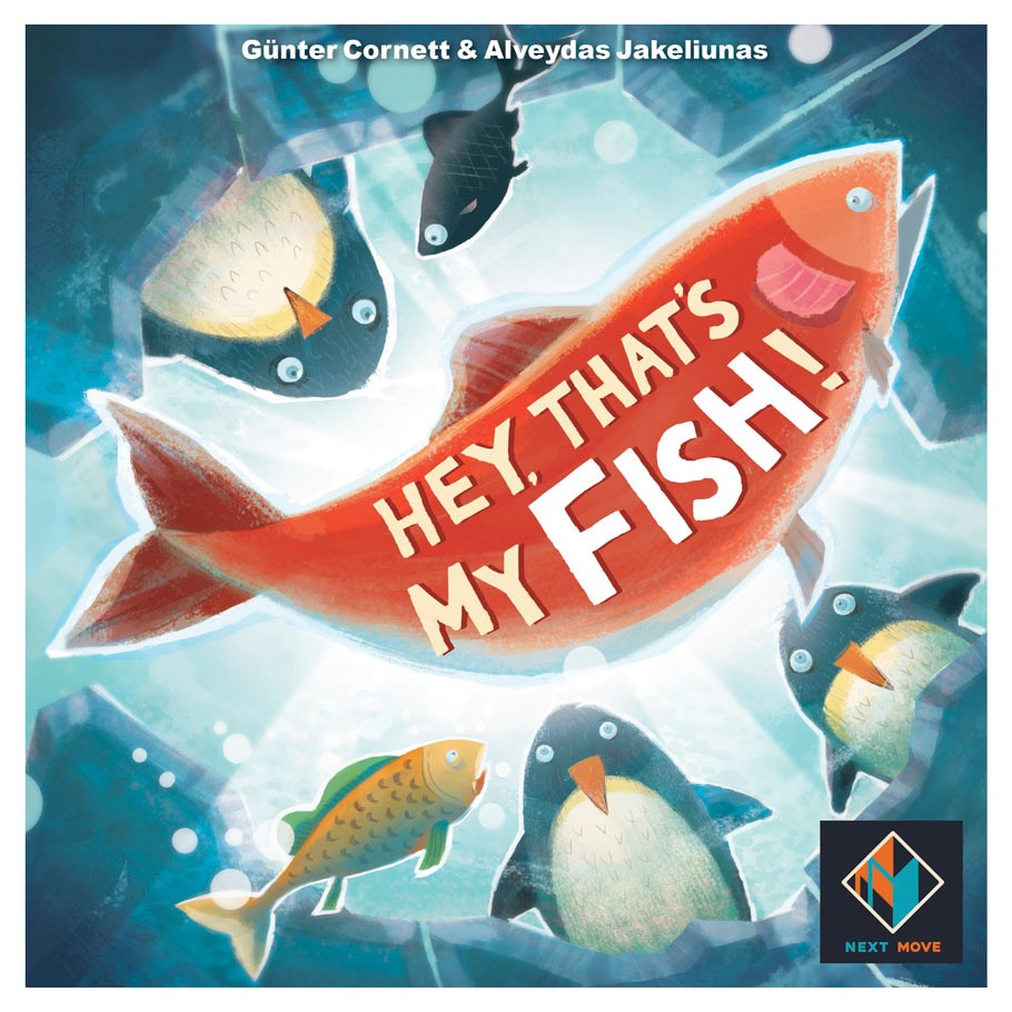 Hey! That’s My FISH - Colorful board game box with a large red fish and smaller fish illustrations on a blue watery background.