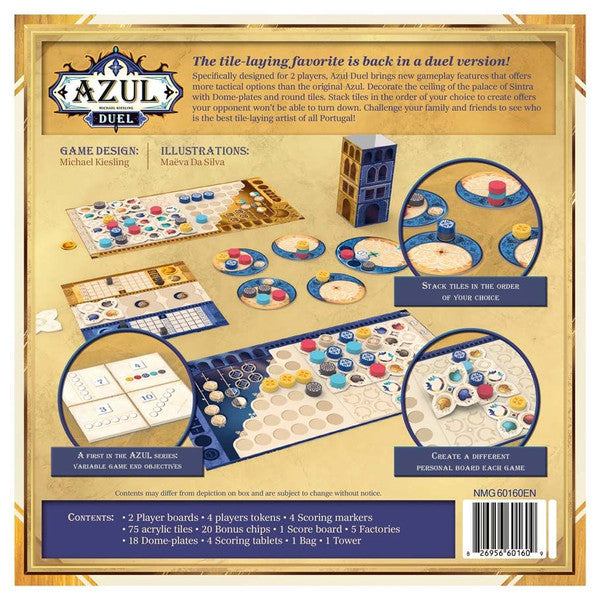 Azul Duel - Azul Duel board game set with colorful tiles, two player boards, blue storage tower, and round scoring tokens laid out on a.