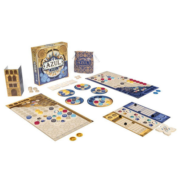 Azul Duel - Azul Duel strategy board game set with colorful tiles, player boards, and tokens on white background.