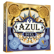 Azul Duel - Square board game box with intricate blue, gold, and white tile patterns and "Azul Duel" title in bold stylized font on the.