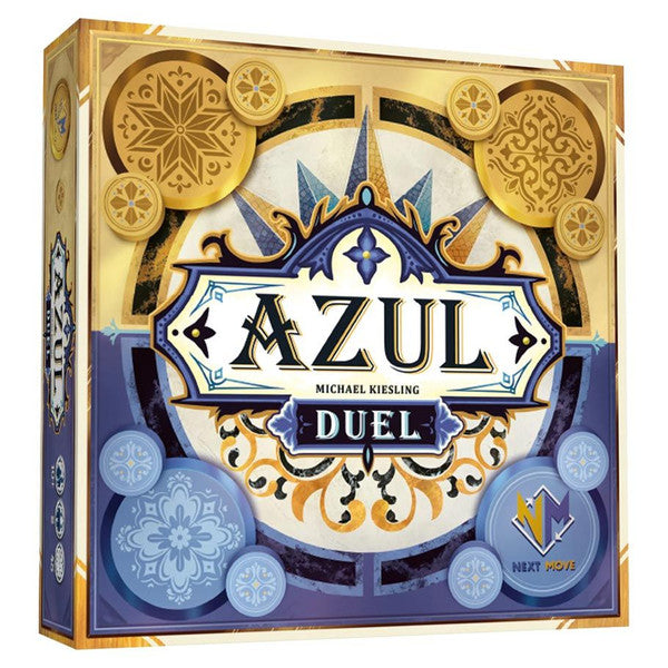 Azul Duel - Square board game box with intricate blue, gold, and white tile patterns and "Azul Duel" title in bold stylized font on the.