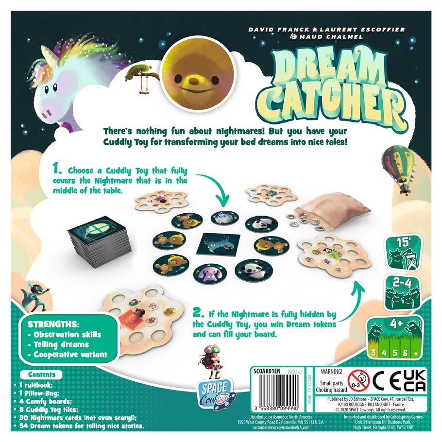Dream Catcher - Colorful board game box with whimsical dream-themed illustrations and detailed game setup instructions.