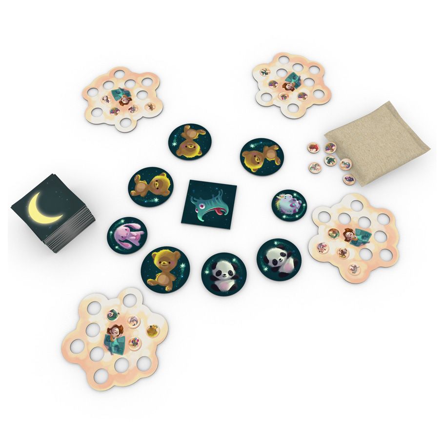 Dream Catcher - Wooden cooperative game with round character tokens, goal cards, and a small cloth pouch on white background.