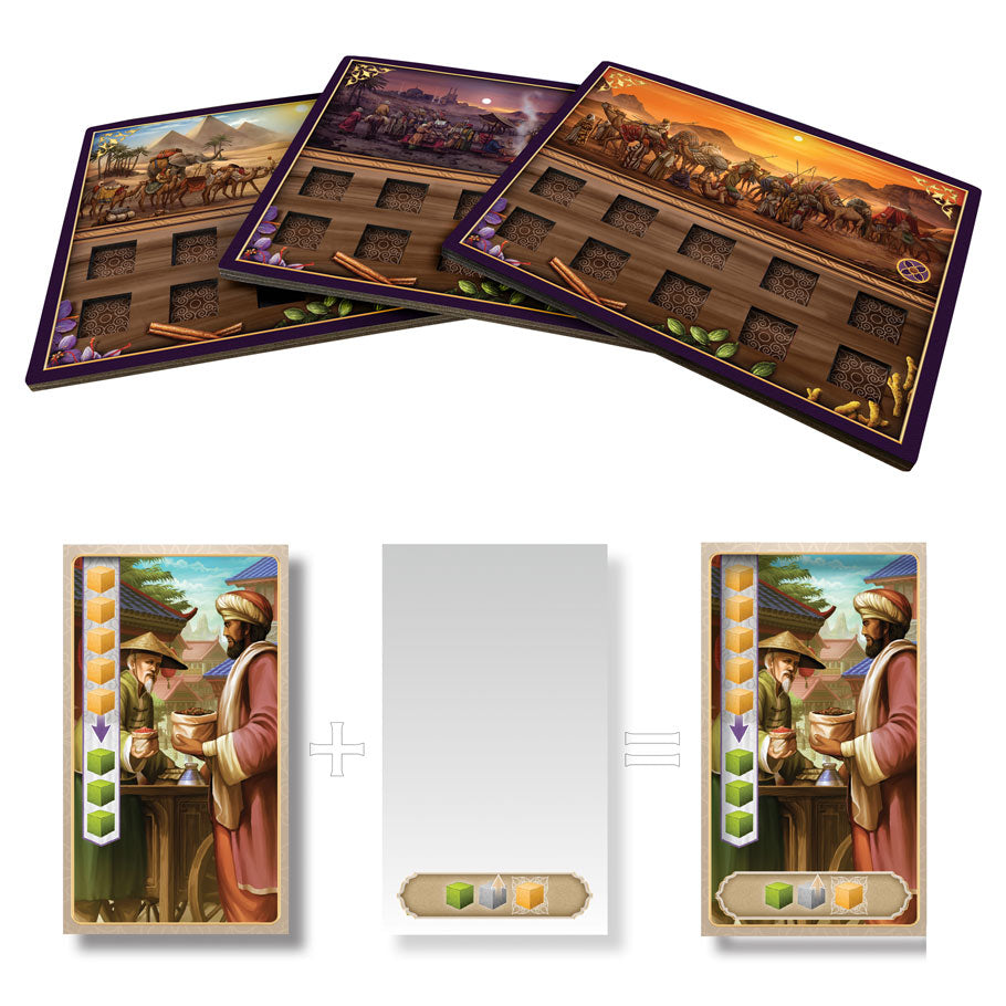 Century Big Box - Three rectangular game boards with colorful illustrations depicting market scenes and wooden token trays, plus two player.