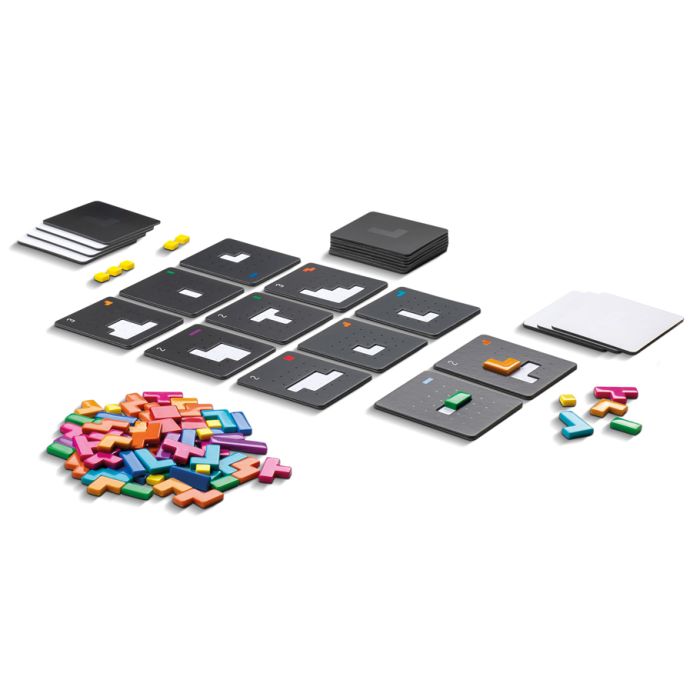 Project L - Project L family game with black challenge cards, colorful Tetris-style puzzle pieces, and white score sheets on a white.