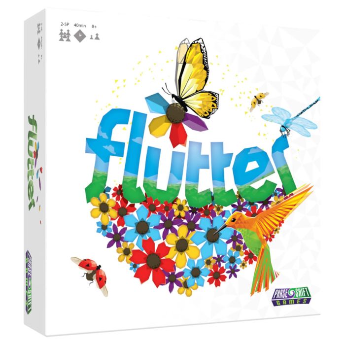 Flutter - White board game box with colorful flowers forming a circle, large blue letters spelling "flutter," and illustrations of a.