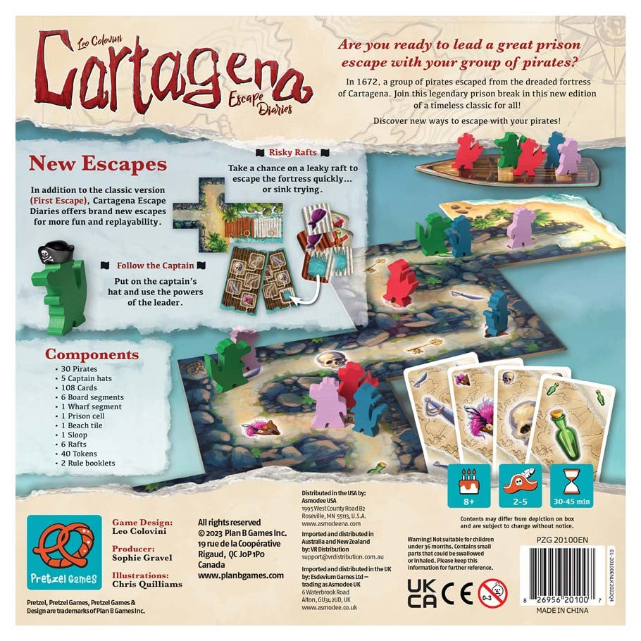 Cartagena Escape Diaries - Cartagena Escape Diaries board game box with colorful pirate-themed artwork, detailed map, character tokens, escape cards,.