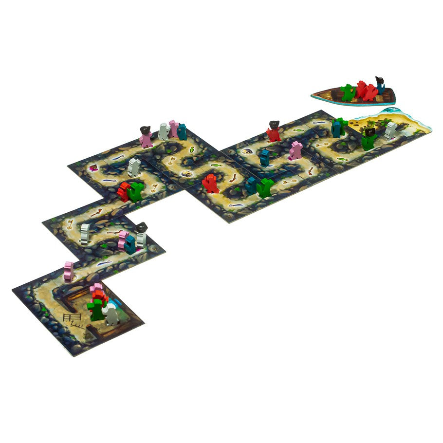 Cartagena Escape Diaries - Board game setup with interconnected square and rectangular tiles depicting a winding path, featuring colorful plastic.
