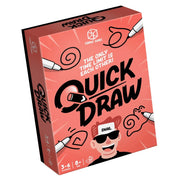 Quick Draw - Red rectangular box with black and white doodles, featuring cartoon hands holding markers and a character wearing sunglasses