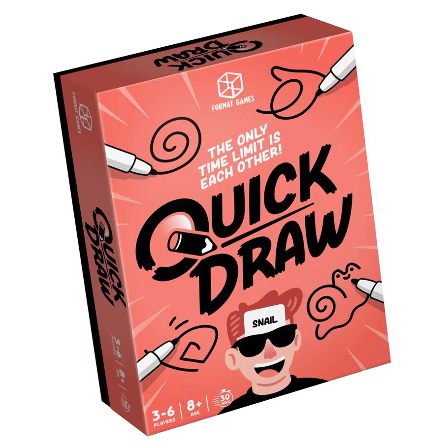 Quick Draw - Red rectangular box with black and white doodles, featuring cartoon hands holding markers and a character wearing sunglasses