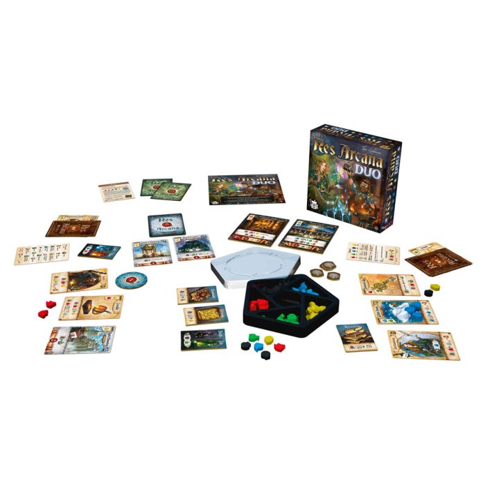 Res Arcana Duo - Res Arcana Duo board game with colorful cards, tokens, dice, and a dark-themed box laid out on a white surface.
