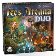 Res Arcana Duo - Res Arcana Duo board game box with fantasy artwork of a woman casting magic and a bearded man forging, dark mystical.