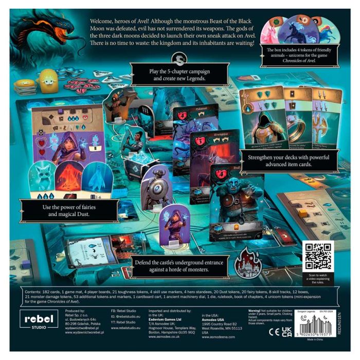 Dungeon Legends - Dungeon Legends board game set with colorful character cards, game tokens, dice, and a detailed game board featuring fantasy