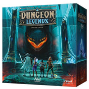 Dungeon Legends - Dungeon Legends board game box with glowing orange monster face, four adventurers, and ancient stone pillars in blue-green.