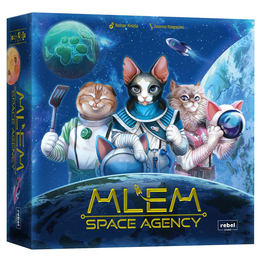 MLEM: Space Agency - Board game box with three illustrated cats dressed as space astronauts floating in a starry galaxy background.
