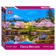 Cherry Blossoms 1000 Piece Puzzle - 1000-piece puzzle box featuring a colorful scene of cherry blossoms, traditional Japanese houses, and Mount Fuji reflected.