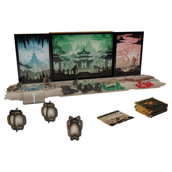 The Shadow Theater: The Legend of the Monkey King - Shadow Theater board game set with three illuminated scenic panels, detailed miniature figures, lantern tokens, and cards,.