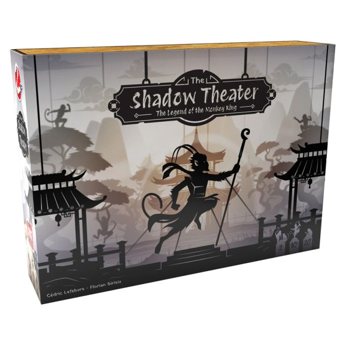 The Shadow Theater: The Legend of the Monkey King - Board game box with muted gray and beige tones featuring a silhouette of the Monkey King holding a staff amid traditional.