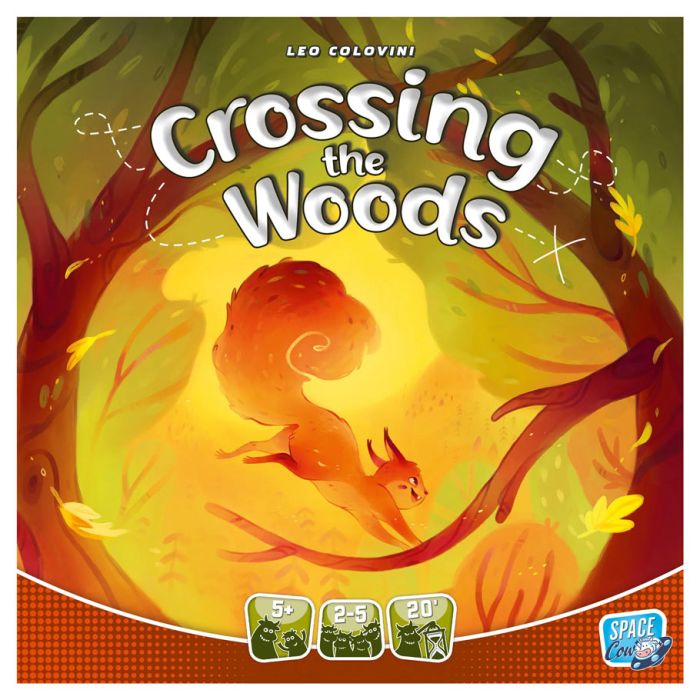 Crossing the Woods - Colorful board game box with an orange squirrel jumping through green and yellow forest foliage, titled Crossing the Woods.