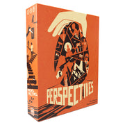 Perspectives - Orange game box with hand illustration holding a fragmented puzzle of various silhouettes and shapes, bold white.