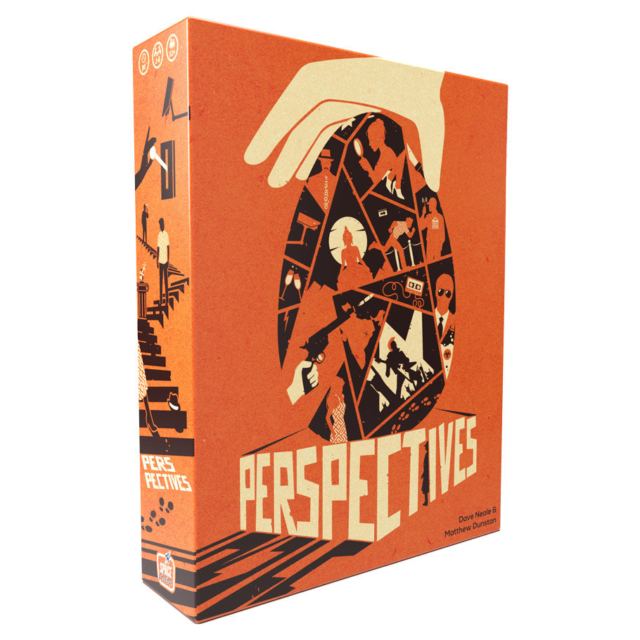 Perspectives - Orange game box with hand illustration holding a fragmented puzzle of various silhouettes and shapes, bold white.