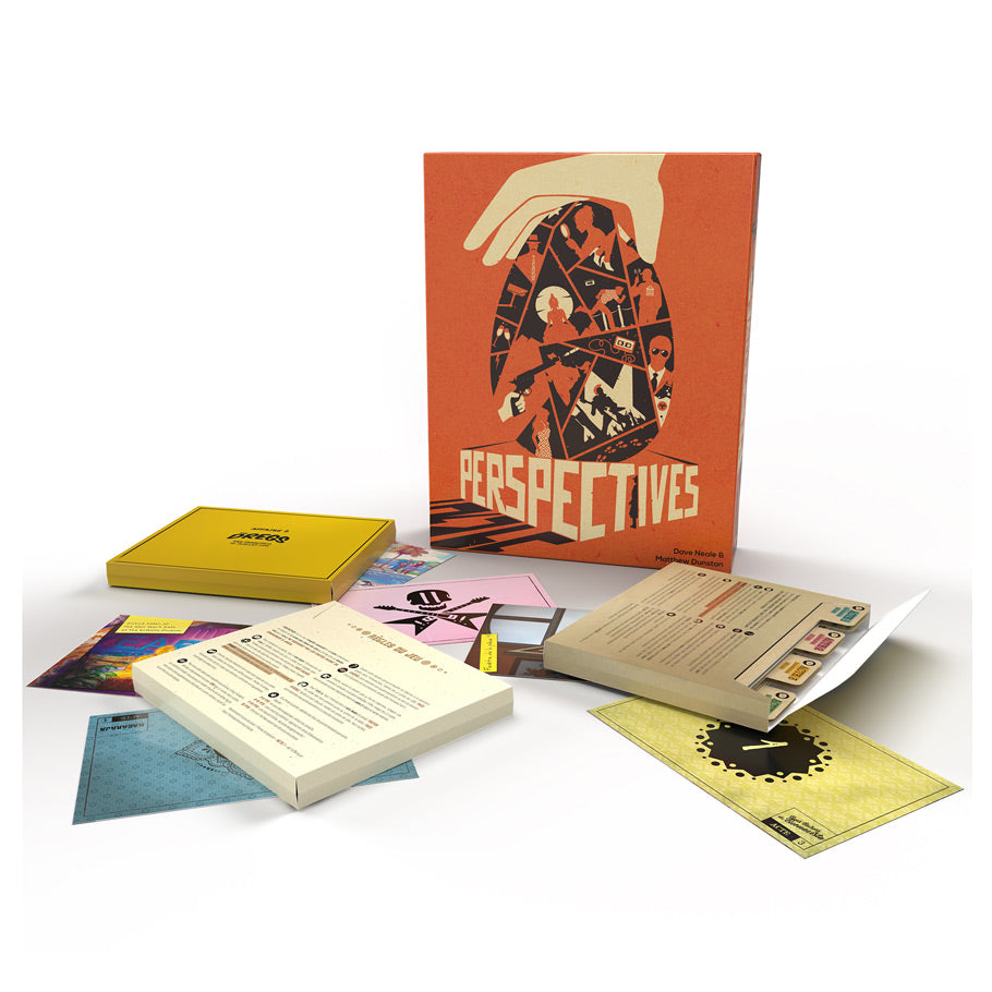 Perspectives - Board game box with orange cover featuring abstract art and the title "Perspectives," surrounded by colorful cards and game.