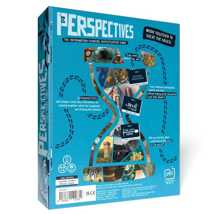 Perspectives: Blue Box - Blue box for Perspectives cooperative game with illustrated puzzle piece paths and game cards on back panel.