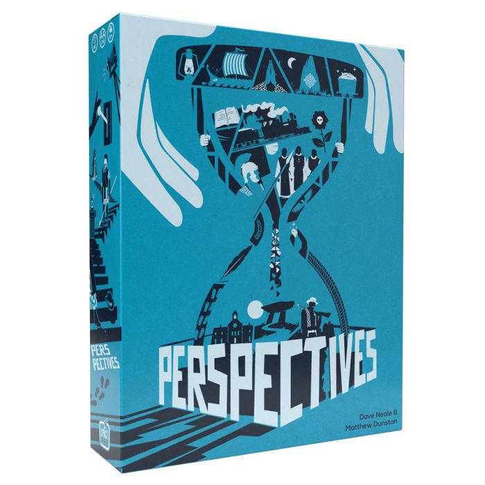 Perspectives: Blue Box - Blue box with stylized hourglass filled with various black and white silhouettes; bold white "PERSPECTIVES" text at the.