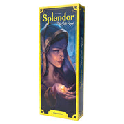 Splendor: The Silk Road Expansion - Tall rectangular board game box with dark blue and gold accents, featuring a woman's face holding a glowing gem.