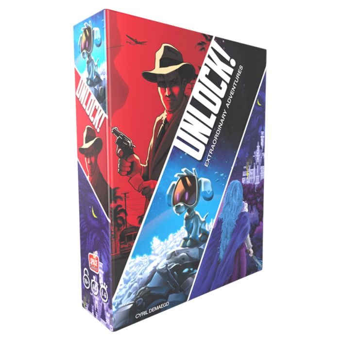 UNLOCK! Extraordinary Adventures - Triangular box of UNLOCK! Extraordinary Adventures game with colorful adventure-themed illustrations on red, blue, and black