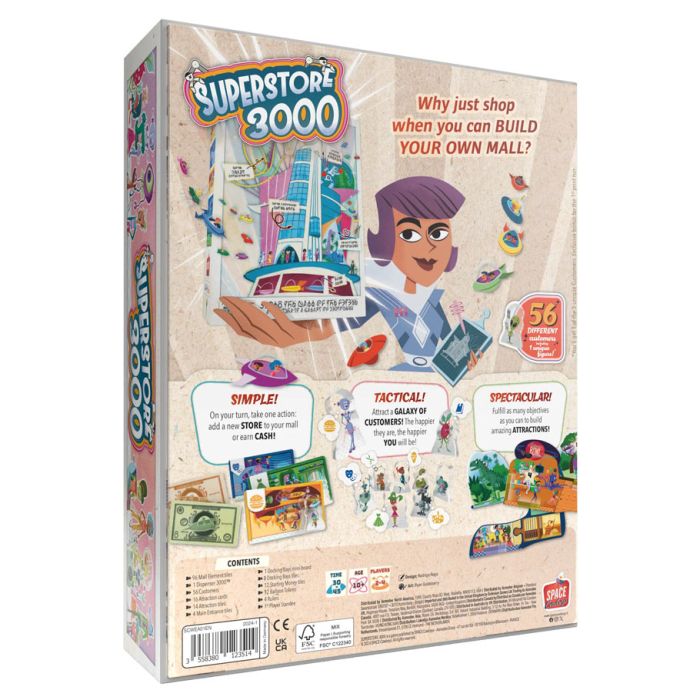 Superstore 3000 - Board game box with colorful mall illustration, cartoon characters, and text detailing game features on a beige background.