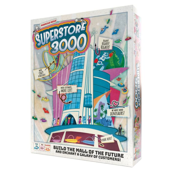 Superstore 3000 - Colorful board game box with a futuristic mall design and cartoon-style illustrations labeled Superstore 3000.