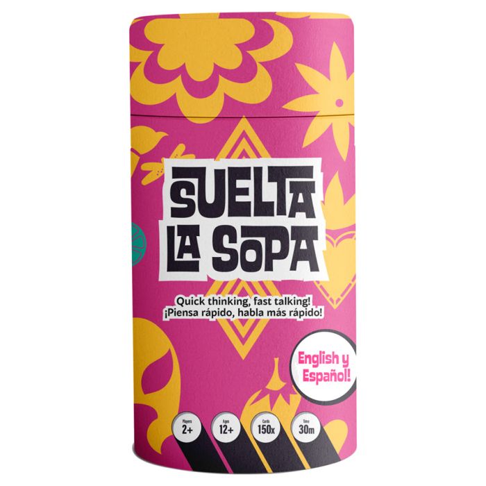 Suelta La Sopa - Cylindrical party game box in pink with yellow and orange floral patterns, featuring bold black and white "Suelta La Sopa".