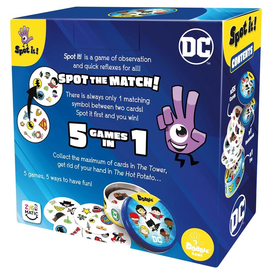 Spot It: DC Universe - DC Universe game featuring colorful DC superhero symbols and yellow Dodge Dice logo.