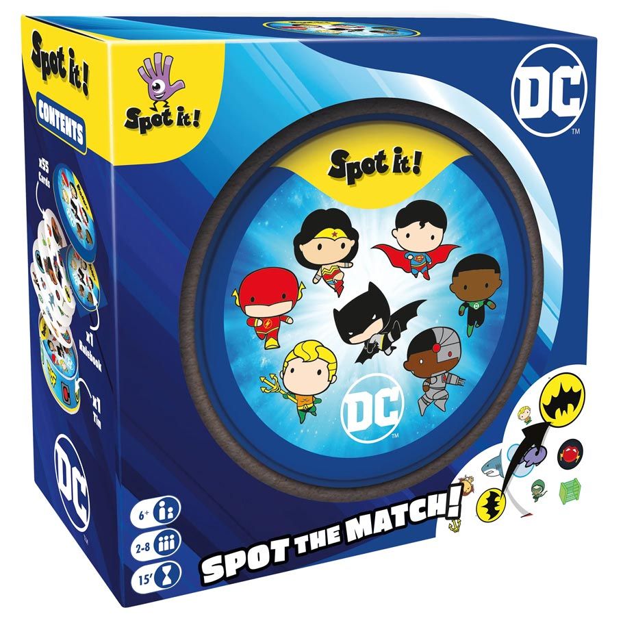 Spot It: DC Universe - Round blue Spot It! game tin featuring chibi-style DC superheroes on the lid including Flash, Superman, Batman, Wonder.
