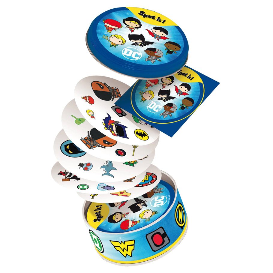 Spot It: DC Universe - Round stacked Spot It cards featuring colorful DC superhero symbols and cartoon faces, with blue and yellow circular tin.