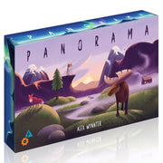Panorama - Panorama card game box with illustrated nature scene featuring a moose, deer, trees, river, and mountains under a colorful.