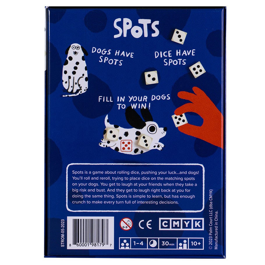 Spots - Blue game box with illustrations of spotted dogs, dice, and a hand holding a red game piece.