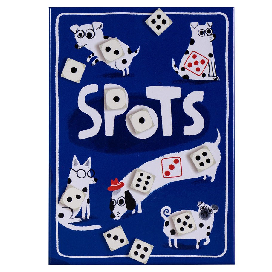 Spots - Blue rectangular board with white letters spelling "SPOTS," featuring playful black and white spotted dog illustrations and.