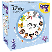 Spot It: Disney - Square light blue box of Spot It! Disney Edition featuring colorful Disney characters on round game cards visible through a.