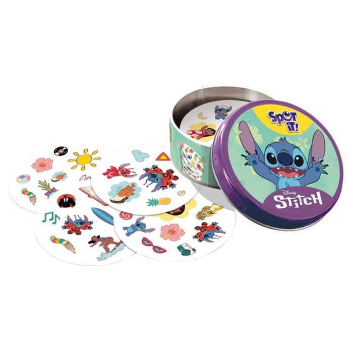 Spot It: Lilo and Stitch - Round game cards featuring colorful Lilo and Stitch illustrations, with a purple and yellow tin lid showing Stitch holding a