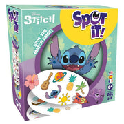 Spot It: Lilo and Stitch - Spot It game box featuring Disney’s Stitch with colorful cards showing playful icons like a ukulele, pineapple, and sun on a