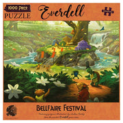 Everdell: Bellfaire Festival 1000 Piece Puzzle - Colorful 1000-piece puzzle featuring whimsical forest festival with animals and tents by a river.