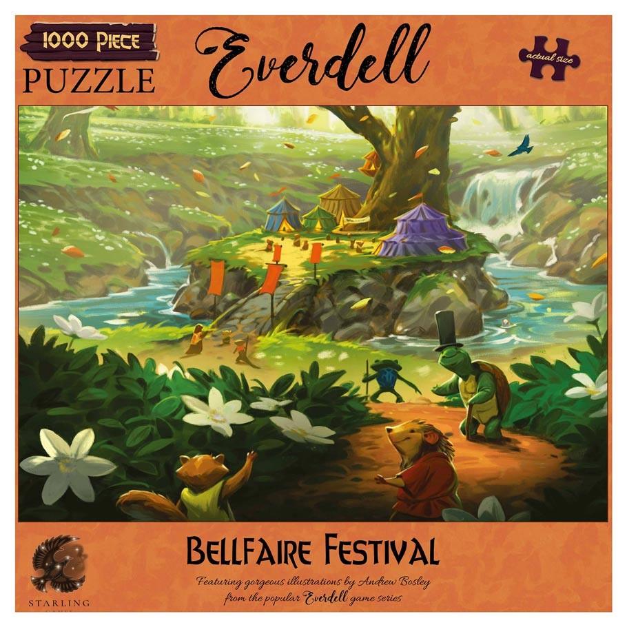 Everdell: Bellfaire Festival 1000 Piece Puzzle - Colorful 1000-piece puzzle featuring whimsical forest festival with animals and tents by a river.