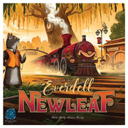 Everdell: Newleaf - Colorful board game box cover featuring a red steam locomotive with smoke, surrounded by autumn trees and woodland creatures.