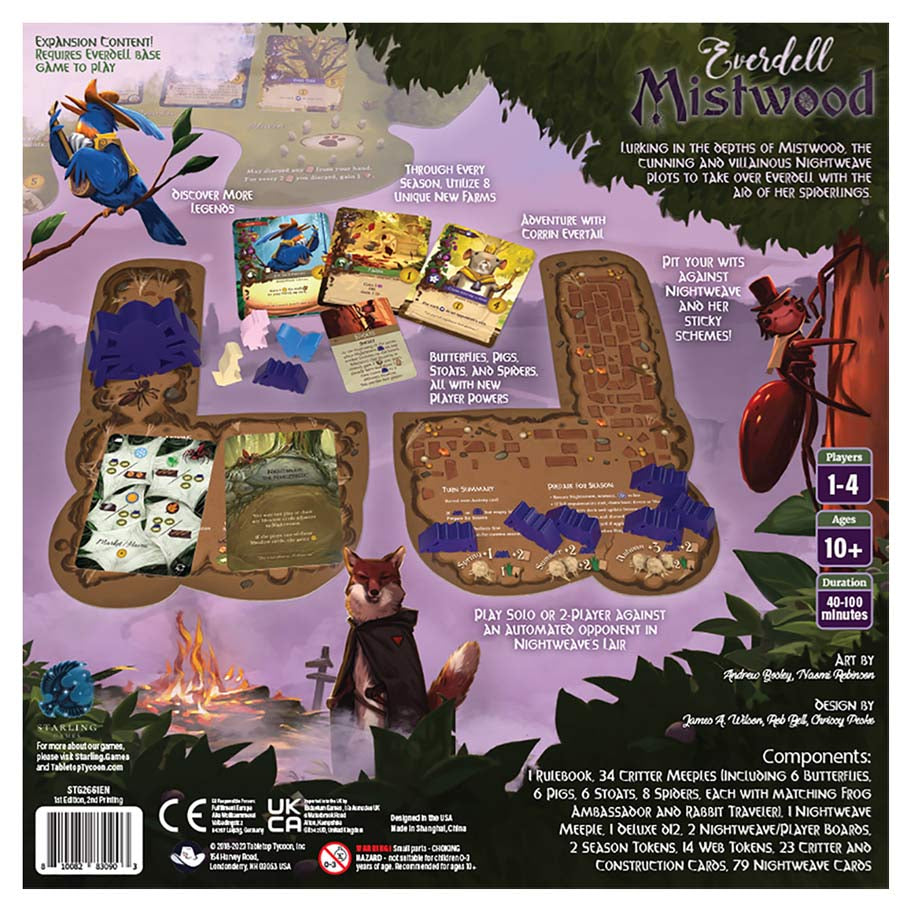 Everdell: Mistwood - Everdell Mistwood board game expansion with colorful cards, detailed game board segments, purple game pieces, and.