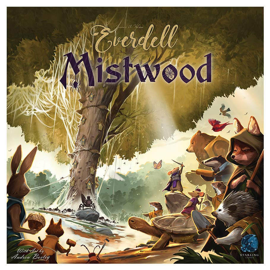 Everdell: Mistwood - Colorful fantasy woodland scene with anthropomorphic animals around a tree, featuring a rabbit, raccoon, and hedgehog, under