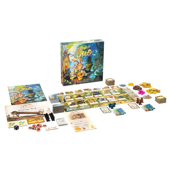 Everdell Duo - Everdell Duo board game with colorful illustrated box, cards, wooden tokens, and character pieces arranged on a white.